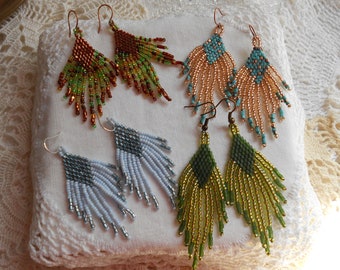 Fringe Earrings, Woodland, Forest, Sky, Southwest Beadwork Earrings, Lightweight Everyday, Handcrafted Jewelry Gift for Her Feathery Fringe