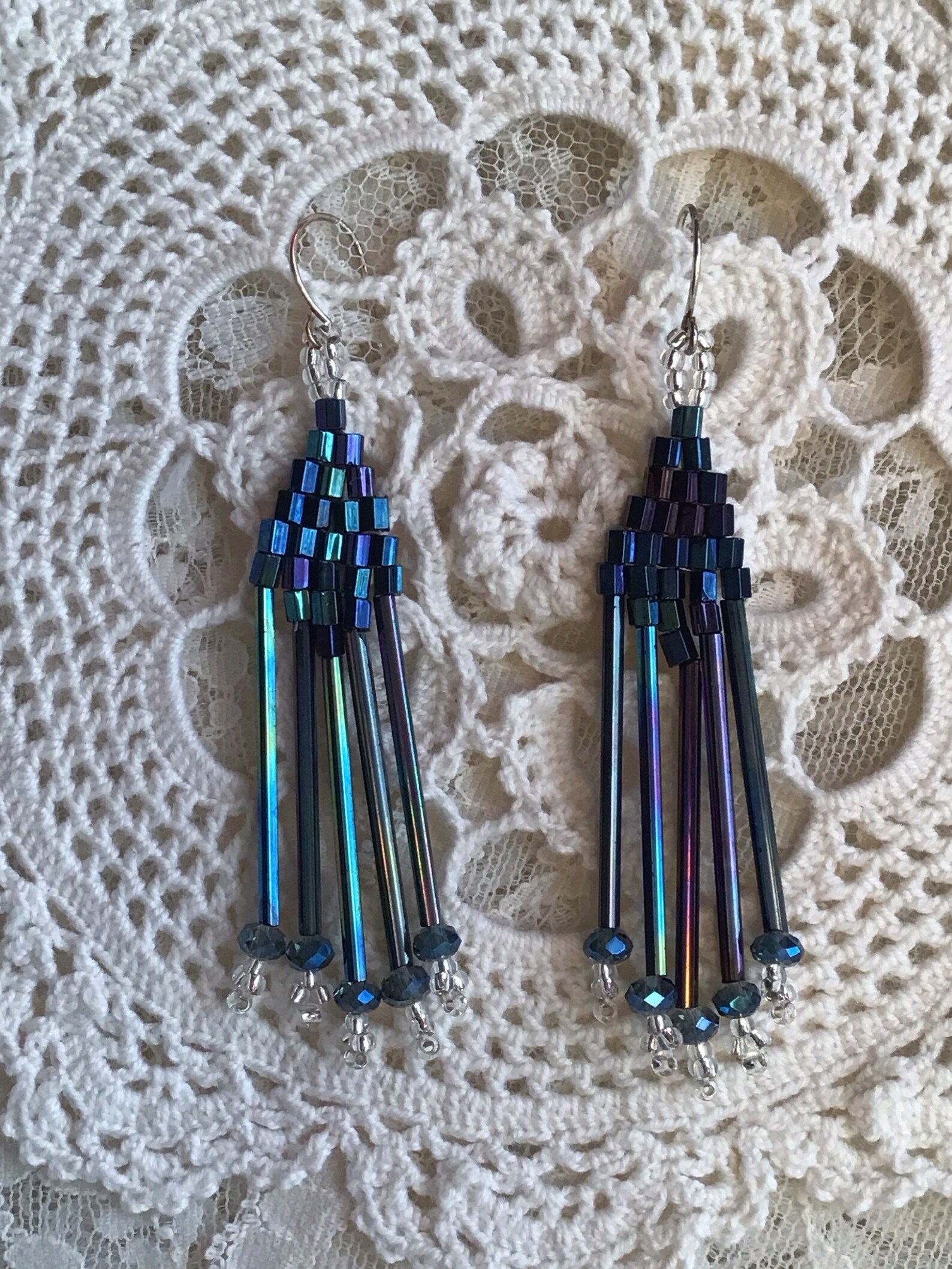 Vintage Bugle Bead Earrings Long Seed Bead Dangles Gold Purple Aqua