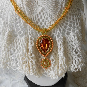 Topaz Teardrop Cabochon, Sunflower Yellow Green Gold Pendant, Multi Strand Seed Bead Necklace, Honey Pear Crystal Pendant, OOAK Gift for Her