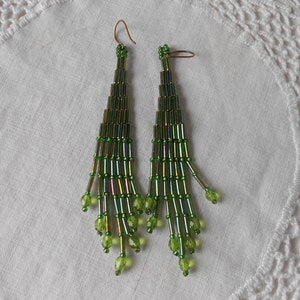 Long Bugle Bead Fringe Earrings, Brick Stitch, Fire Polish Crystals, Lightweight Handcrafted Earring Gift for Her, OOAK Chandelier Earrings