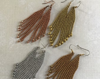 Handmade Matte Metallic Seed Bead Fringe Earrings: Copper, Bronze, Silver, Brass