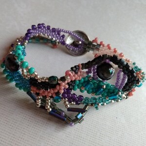 Freeform, Color Block, Peyote Stitch Bracelets, Silver, Turquoise, Pink, Purple, Gray, Seed Bead Jewelry, Coordinated Bead Bracelets, OOAK
