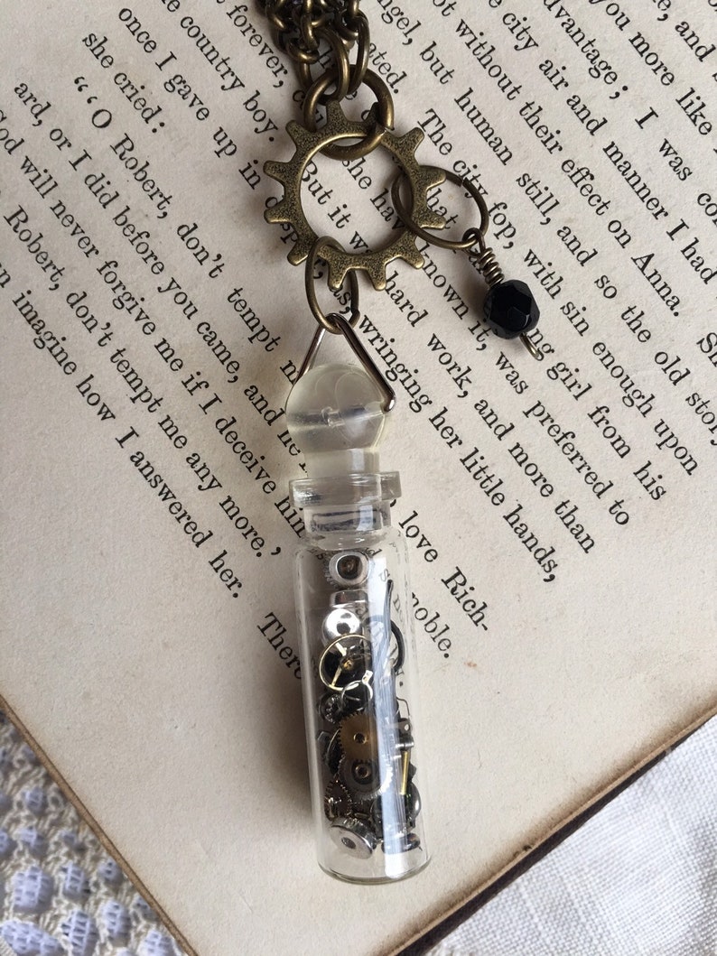 Steampunk Pendant, Watch Gears in a Bottle Necklace, Pieces of Time in a Bottle Pendant, Victorian, Bottle of Clockwork Pieces, Gift for Her image 7