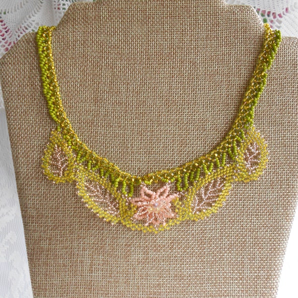 Russian Leaves Seed Bead Bib Necklace, Floral Bridal Jewelry, Shabby Chic Necklace, Seed Bead Bridal Jewelry, Peach and Olive Green Jewelry