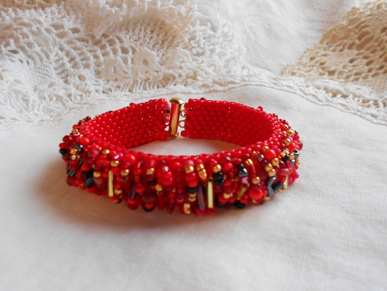 Autumn Fringe Bracelet, Red Seed Bead Mix Jewelry, Brown Bead Mix