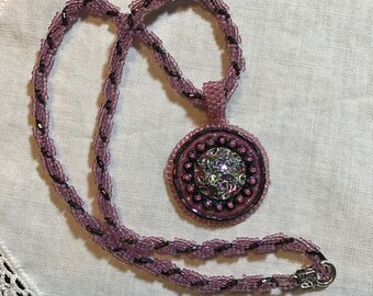 Pink Bead Embroidered Pendant, Pink Black Spiral Bead Rope, Iridescent Black Glass Cabochon Pendant, Convertible Necklace, OOAK Gift for Her