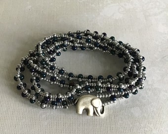 Elephant Button Wrap Bracelet, Four Wrap Bracelet, Seed Bead Bracelet, Navy Blue, Matte Silver, Safari Bracelet, Handmade Gift for Her