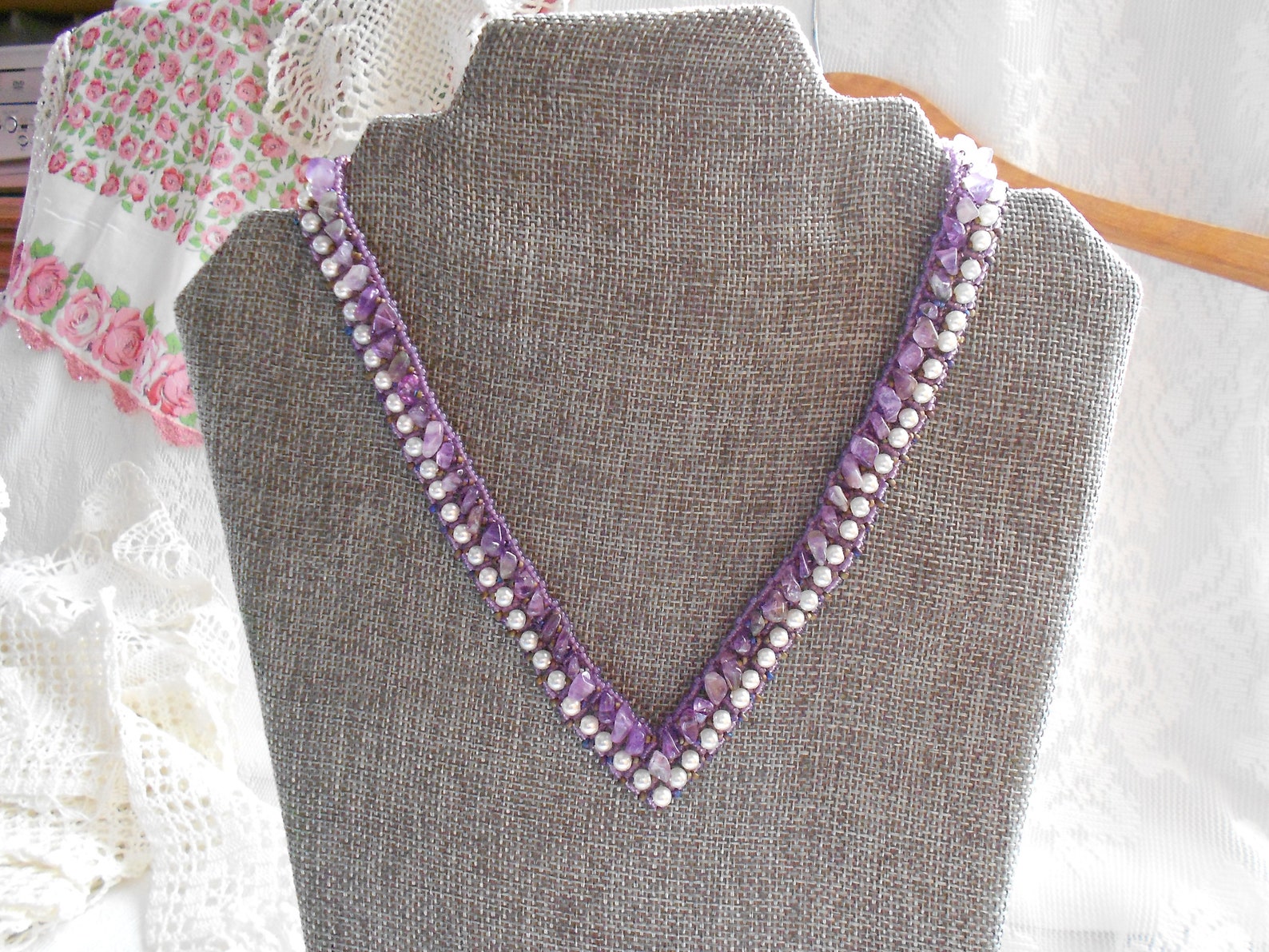 Amethyst and Pearls, Amethyst Stone Chips Jewelry, February Birthstone