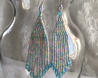 Fringed Earrings, Multi Color Seed Bead Mix Jewelry, Colorful, Confetti, Handcrafted Seed Bead Jewelry, Perfect OOAK Jewelry Gift for Her