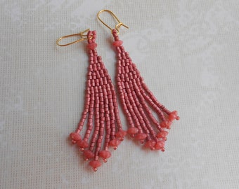 Fringe Earrings, Two-Cut Seed Beads, Monochromatic Beaded Bridal Bridesmaid Jewelry, Coral Pink Copper Gold Silver Aqua Green, Giftable