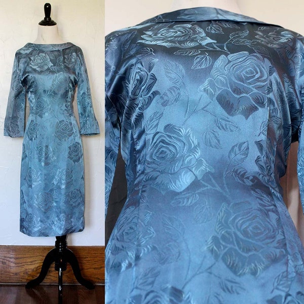 Vintage 1960s Blue Cocktail Dress | Rose Print Dress | Boat Neck Dress | Small Wiggle Dress | Mad Men Dress | Wedding Guest Dress