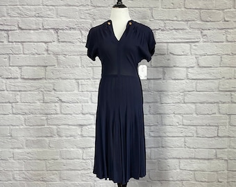 AS IS Vintage 1940s Dark Blue Pleated Dress | Small Summer Dress | Secretary Dress | Size 6 Dress | Simple Casual Dress