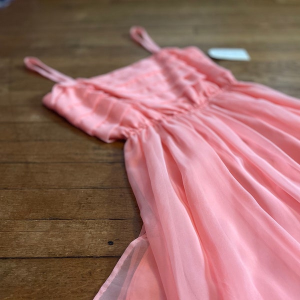 Vintage 1970s Peach Party Maxi | Size 2 Prom Dress | Ruffle Tank Dress | Pink Formal Dress | Floor Length Skirt | Bridesmaid Dress