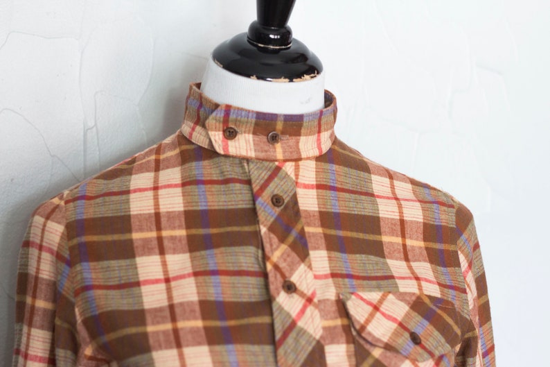Button Up Top Size 10 Brown Top Lumberjack Shirt High Neck Shirt Vintage 1970s Plaid Flannel Shirt Medium Winter Top