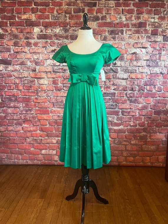 white christmas dresses 1960's Emerald Green Satin Bombshell Vintage Party Dress with Petal Sk