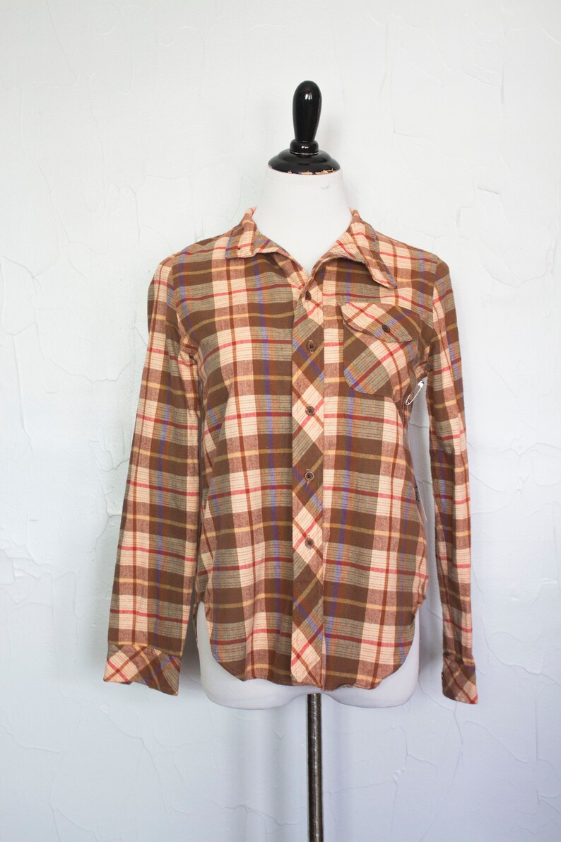 Button Up Top Size 10 Brown Top Lumberjack Shirt High Neck Shirt Vintage 1970s Plaid Flannel Shirt Medium Winter Top