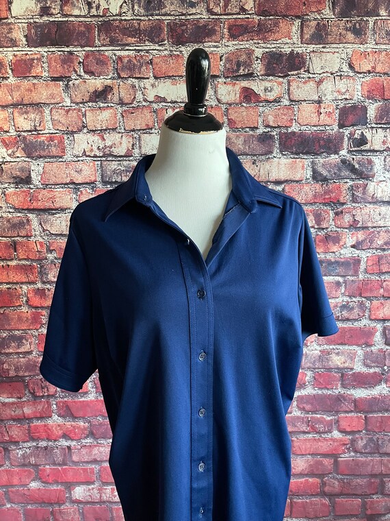 Vintage 1970s Blue Bowling Top | XXL Button up To… - image 3