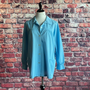 Vintage 1970s Blue Top | Tempo Long Sleeved Shirt | Teacher Shirt | Pastel Blouse | Secretary Top | Loose Fit Pocket Shirt | Simple Casual