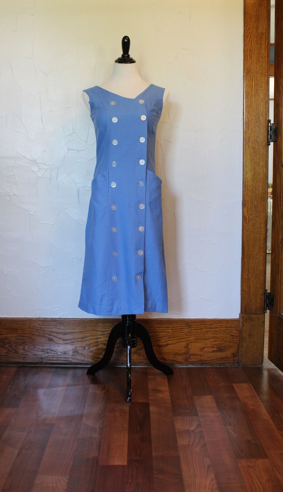 Vintage 1950s Wiggle Tank Dress | Blue Button Up … - image 2