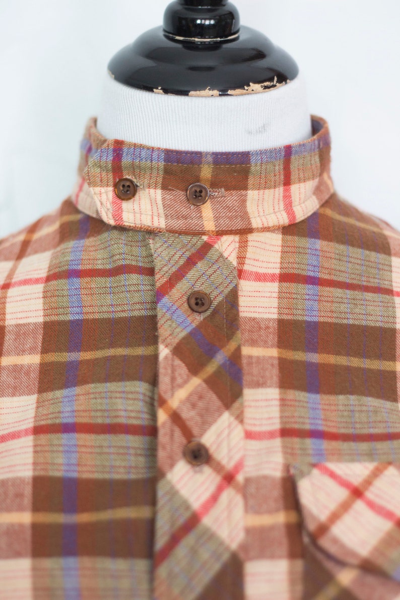 Button Up Top Size 10 Brown Top Lumberjack Shirt High Neck Shirt Vintage 1970s Plaid Flannel Shirt Medium Winter Top