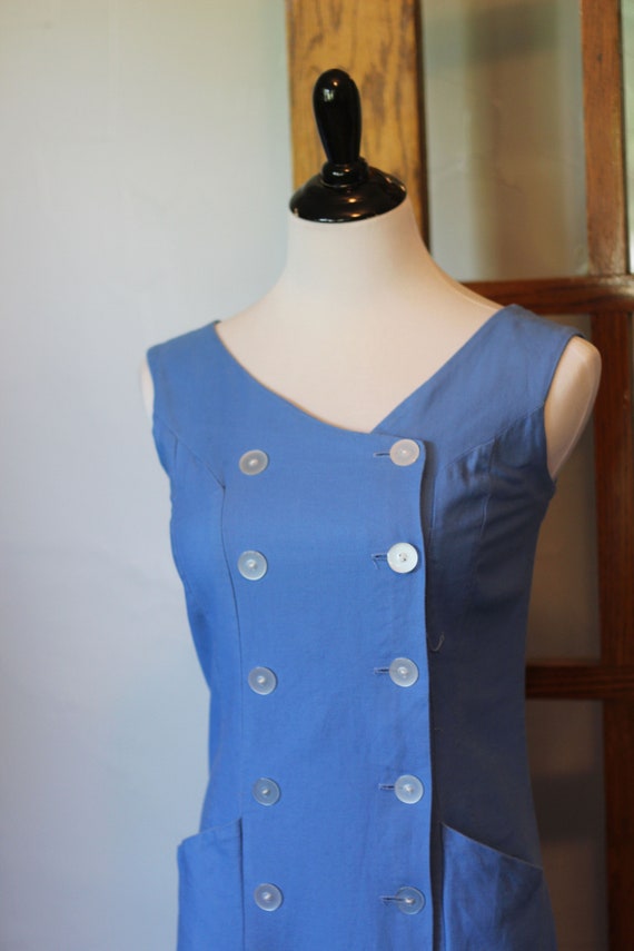 Vintage 1950s Wiggle Tank Dress | Blue Button Up … - image 1