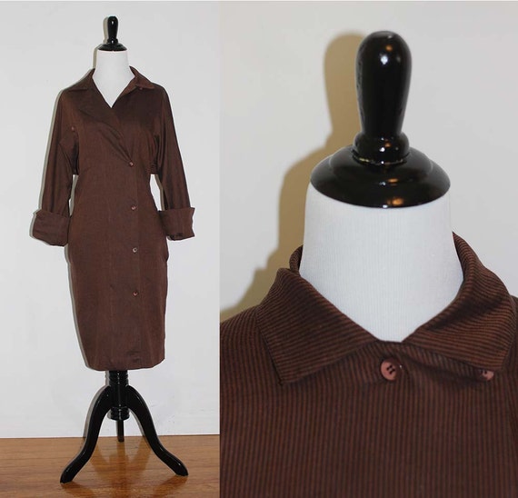 Vintage 1980s Striped Shirt Dress | Brown Dress |… - image 2