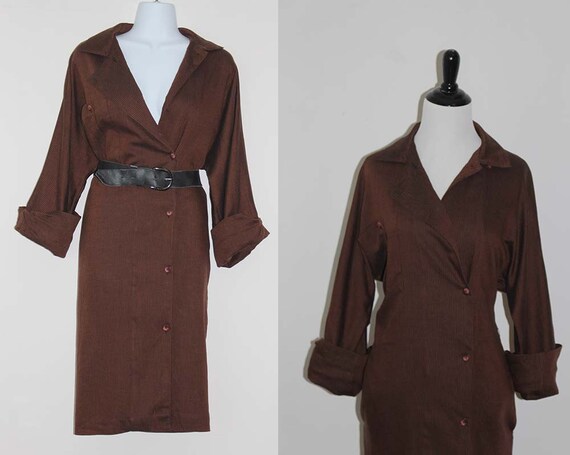Vintage 1980s Striped Shirt Dress | Brown Dress |… - image 1
