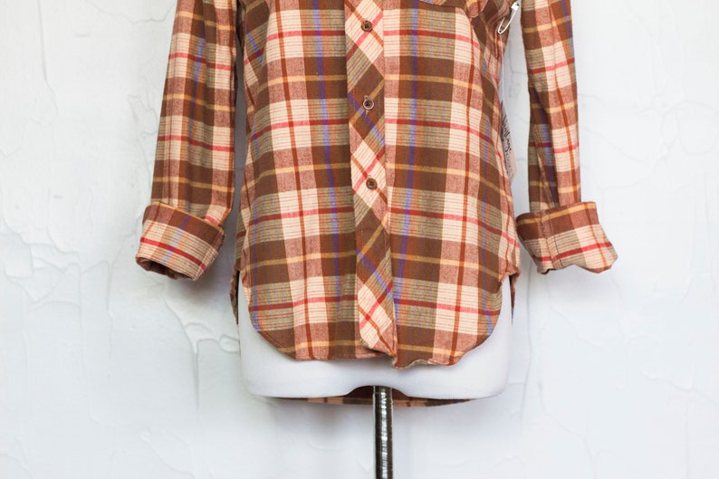 Button Up Top Size 10 Brown Top Lumberjack Shirt High Neck Shirt Vintage 1970s Plaid Flannel Shirt Medium Winter Top
