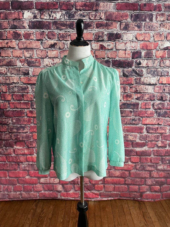 Vintage 1970s Paisley Print Top | XL Mint Green Sh