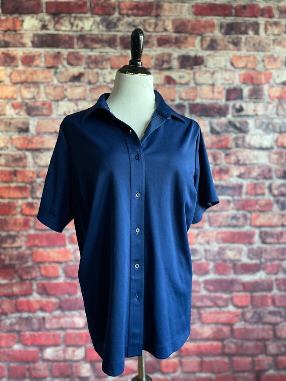 Vintage 1970s Blue Bowling Top | XXL Button up To… - image 1