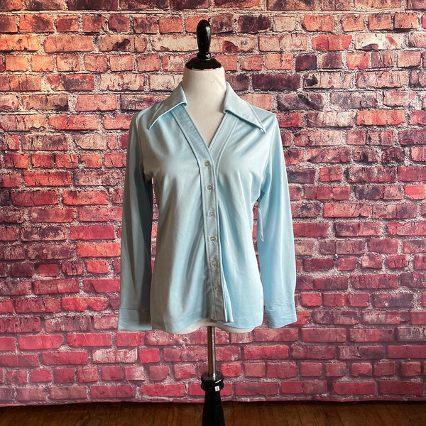 Vintage 1970s Light Blue Blouse | Button up Top | Large Pastel Shirt | Teacher Shirt | Long Sleeves Spring Fall Top | Secretary Shirt