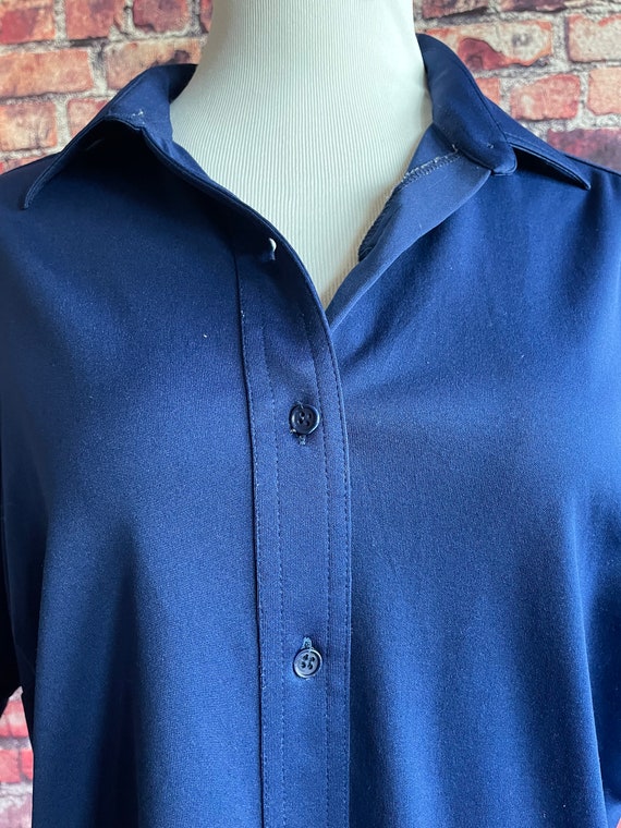 Vintage 1970s Blue Bowling Top | XXL Button up To… - image 4