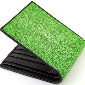 Green Stingray Wallet → Genuine Stingray Skin Wallet→ Lime Sting Ray Leather Wallet with Black Calfskin Interior