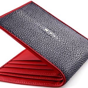 Cartera de piel de raya negra → Cartera de piel de raya auténtica → Cartera de piel de raya negra con interior rojo → Carteras de raya pulidas