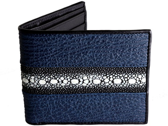 Cartera de piel de tibur n azul con mantarraya blanca Cartera de