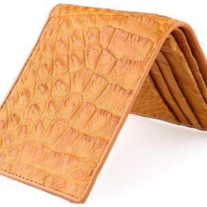 Side Angled  View Of A Tan Alligator Skin Wallet Mens Alligator Wallet with Gator Leather Interior