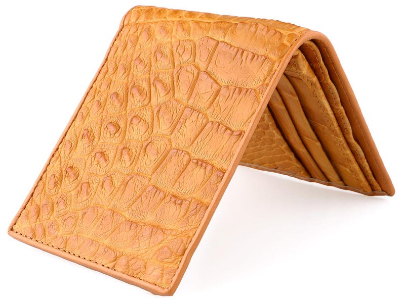 Side Angled  View Of A Tan Alligator Skin Wallet Mens Alligator Wallet with Gator Leather Interior