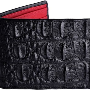 Cartera de piel de cocodrilo → Cartera de piel de cocodrilo auténtica → Cartera de piel de cocodrilo negra e interior de avestruz rojo