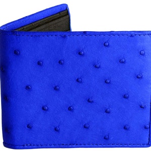 Carteira de couro de avestruz → Carteira de pele de avestruz genuína → Carteira de avestruz azul índigo → Interior de avestruz preto→ Carteira de pena de avestruz