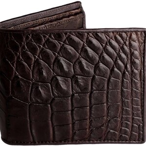 Front View of Alligator Leather Wallet Mens Classic Wallet In Brown With Matching Brown Gator skin Interior