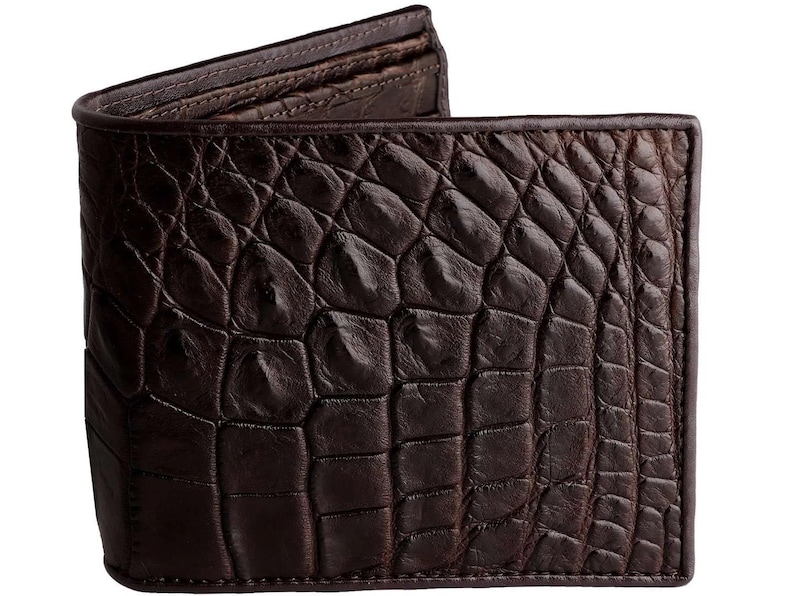 Front View of Alligator Leather Wallet Mens Classic Wallet In Brown With Matching Brown Gator skin Interior