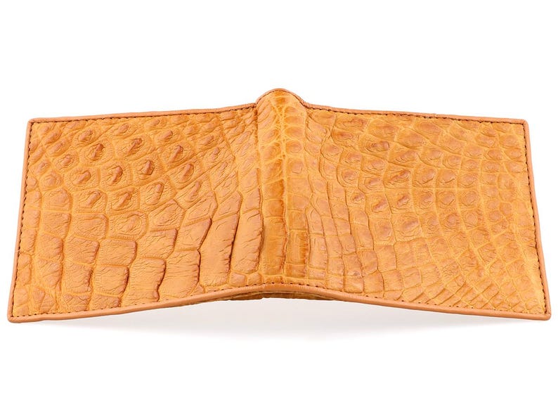 Top Down  View Of A Tan Alligator Skin Wallet Mens Alligator Wallet with Gator Leather Interior
