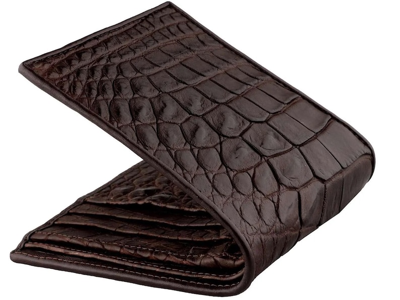 Side View of Alligator Leather Wallet Mens Classic Wallet In Brown With Matching Brown Gator skin Interior