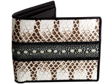 Snakeskin Stingray Leather Wallet → White Snake & Pearl Row Stingray Bifold → Men's Exotic Wallets