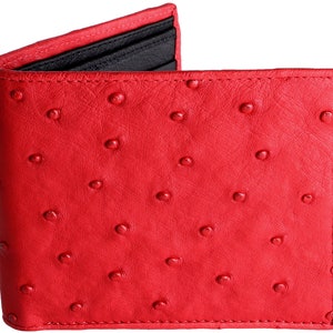 Cartera de avestruz roja → Cartera de piel auténtica de avestruz → Cartera de piel de avestruz roja con interior de avestruz negro → Cartera con pluma de avestruz roja
