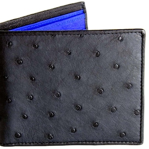 Cartera de avestruz → Cartera de cuero genuino de avestruz → Cartera de piel de avestruz negra → Interior de avestruz azul índigo → Cartera de pluma de avestruz