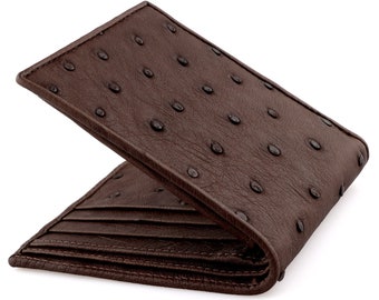 Portefeuille En Cuir D'autruche Véritable Marron Foncé - Intérieur Fin, Fait Main Thaïlande, Neuf
