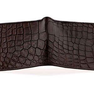 Top Down View of Alligator Leather Wallet Mens Classic Wallet In Brown With Matching Brown Gator skin Interior