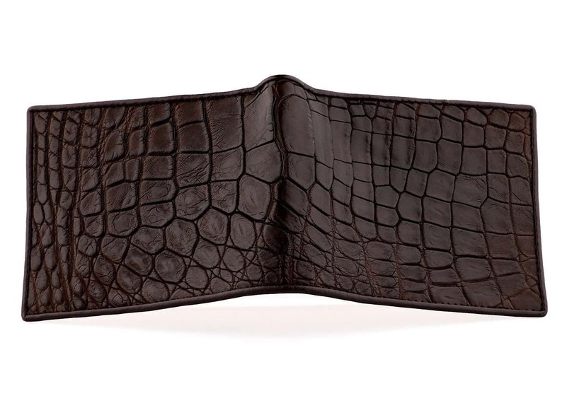 Top Down View of Alligator Leather Wallet Mens Classic Wallet In Brown With Matching Brown Gator skin Interior
