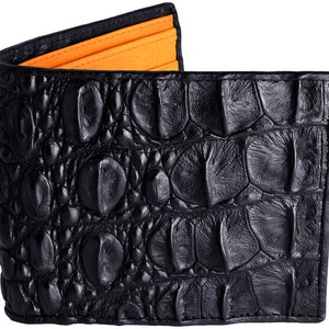 Cartera de piel de cocodrilo → Cartera de piel de cocodrilo auténtica → Cartera de piel de cocodrilo negra e interior de pluma de avestruz naranja